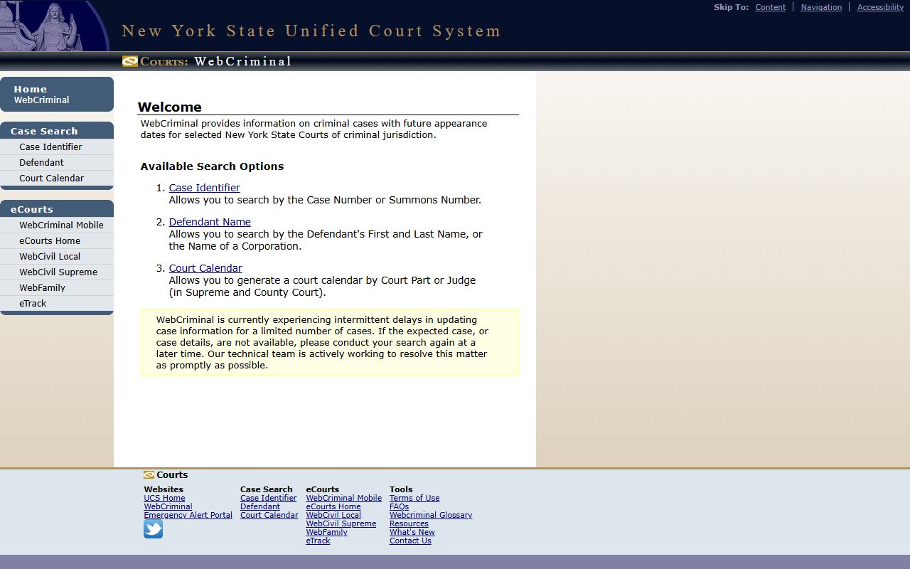 New York WebCriminal portal showing Case Identifier, Defendant, and Court Calendar search options