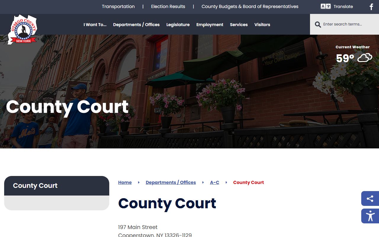 Otsego County Court contact page showing address, judges, clerk, and phone